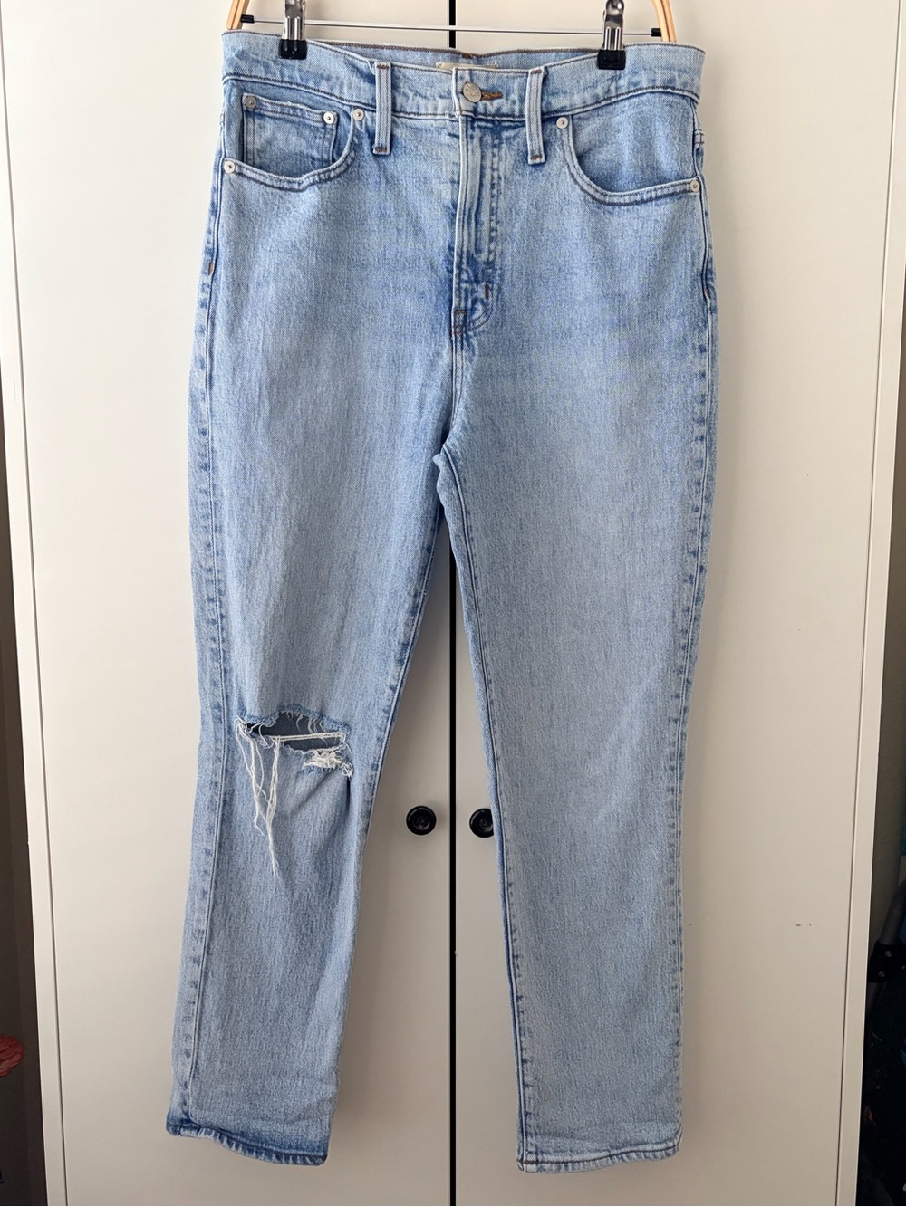 Madewell Light Blue High-Rise Straight Jeans with Knee Rip